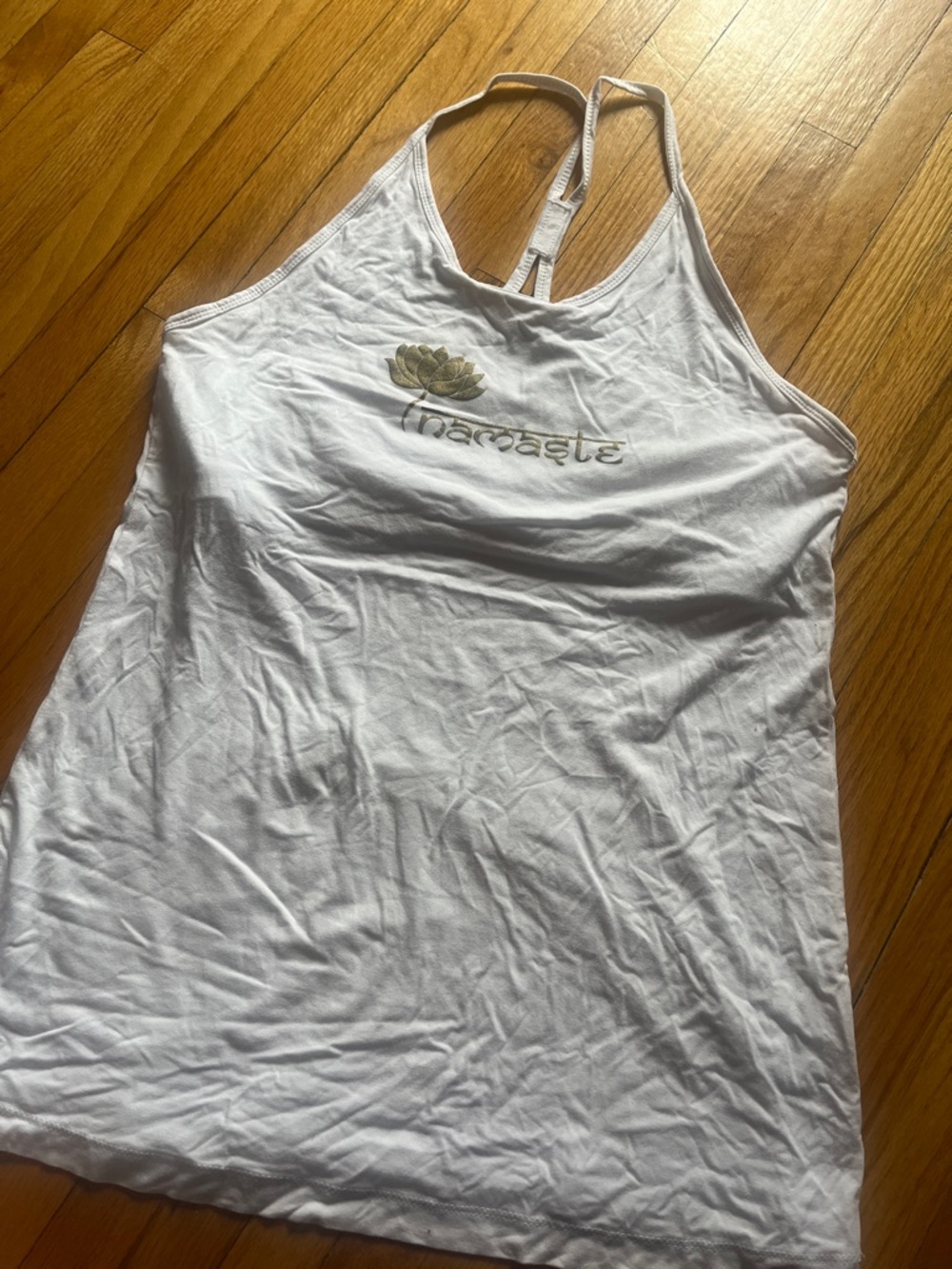 Namaste White Racerback Tank Top with Gold Lotus